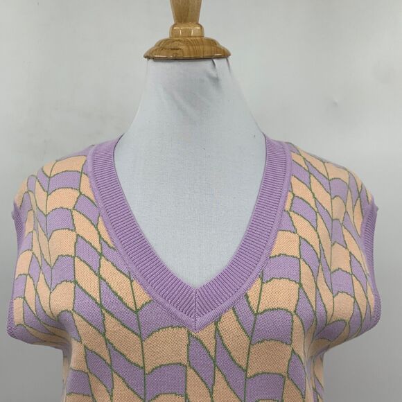 Current Air Sweater Women L Large Lilac Creamsicle Funky Ribbed Knit V Neck Vest - Picture 3 of 13